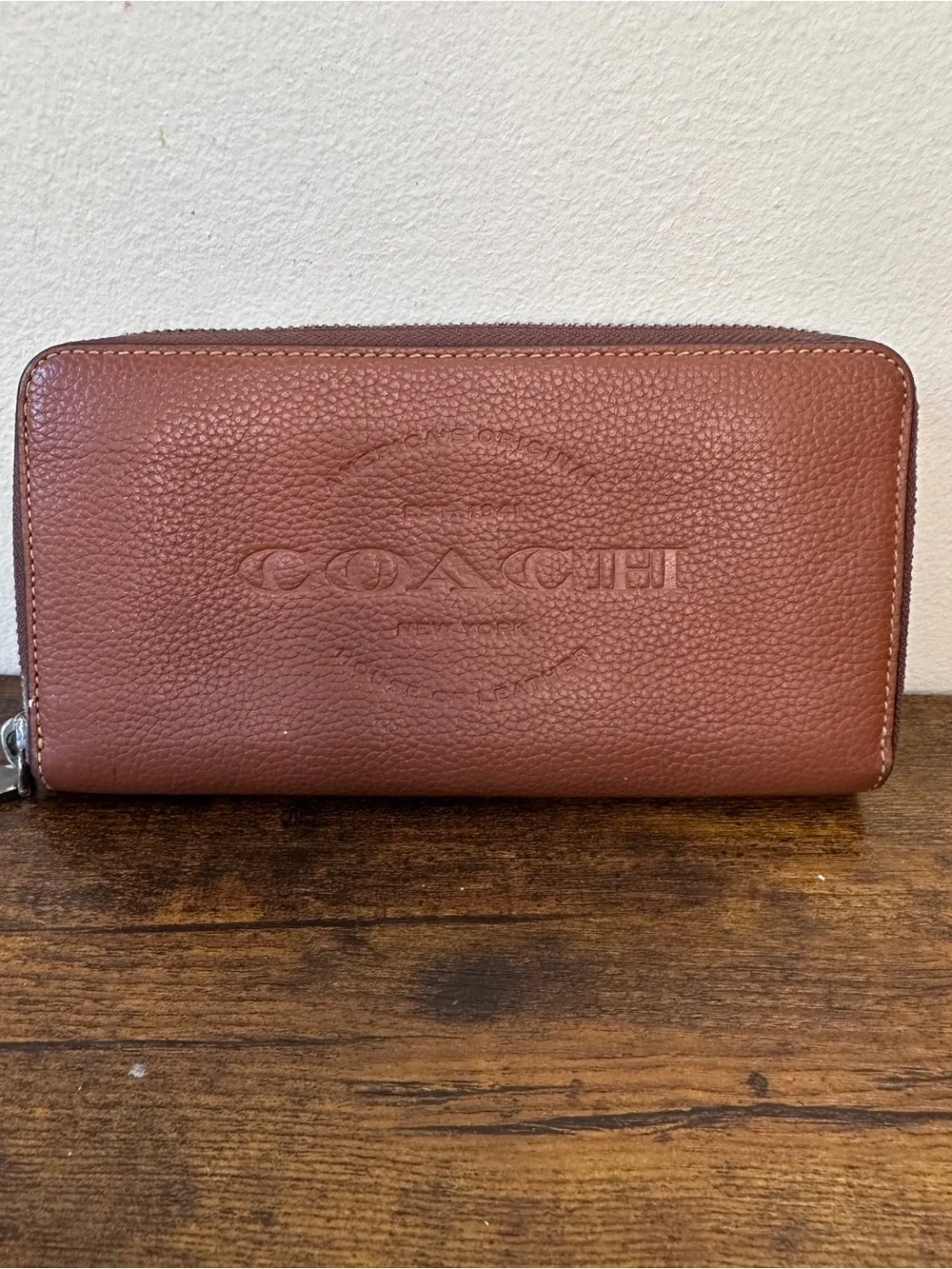 Coach F24648 Accordion Zip Around Long Wallet Brown Saddle Pebbled Leather Logo